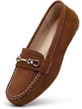 Women's Brown Suede Loafers Horsebit Slip On Flat Comfortable Driving Shoes